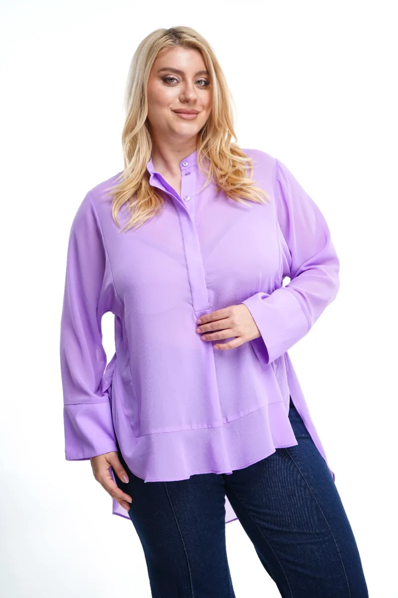 Τουνίκ plus size με βολάν τελείωμα και μαο γιακά σε βιολετί χρώμα