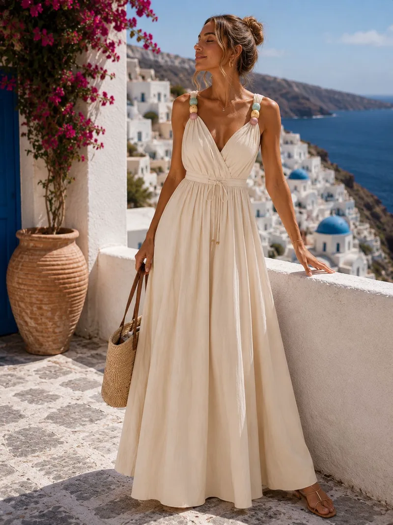 Αέρινο Maxi Φόρεμα Με Χάντρες στους Ώμους - Μπεζ | Dress Up Μπεζ