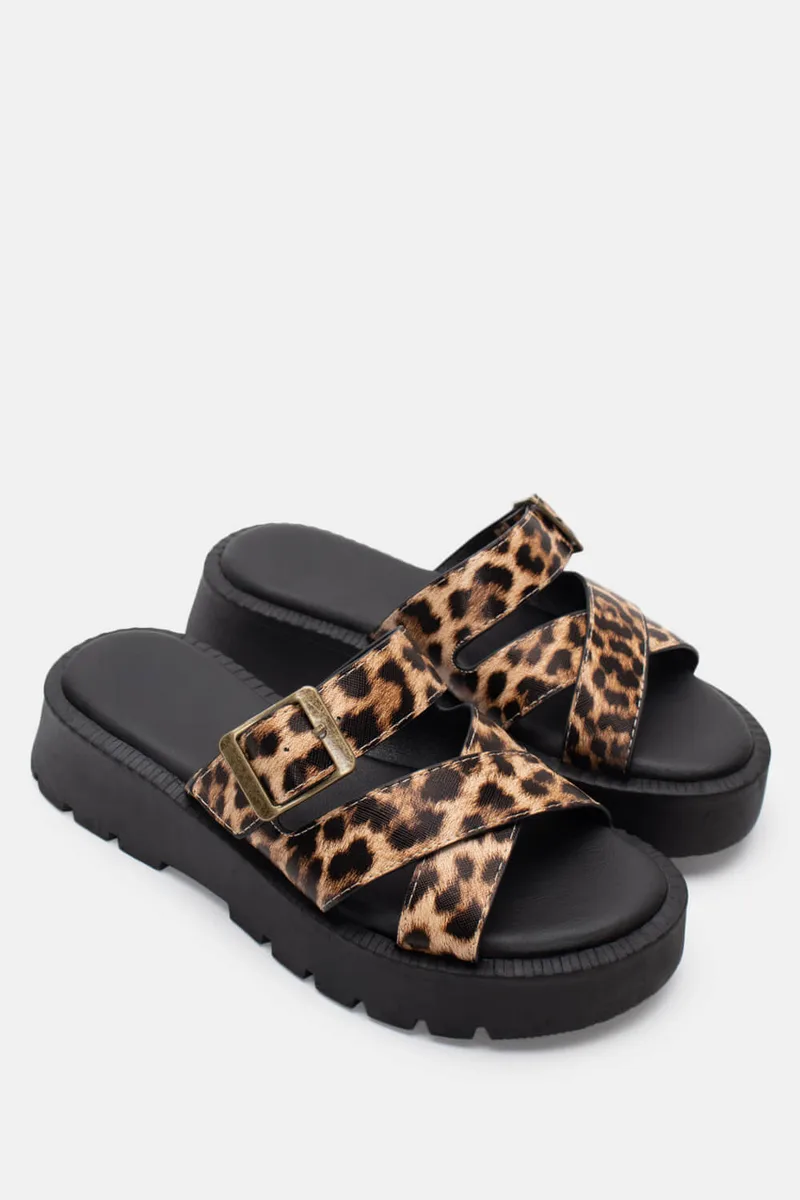 Σανδάλια Flatform με Χιαστί Λουράκια & Τόκα - Animal Print