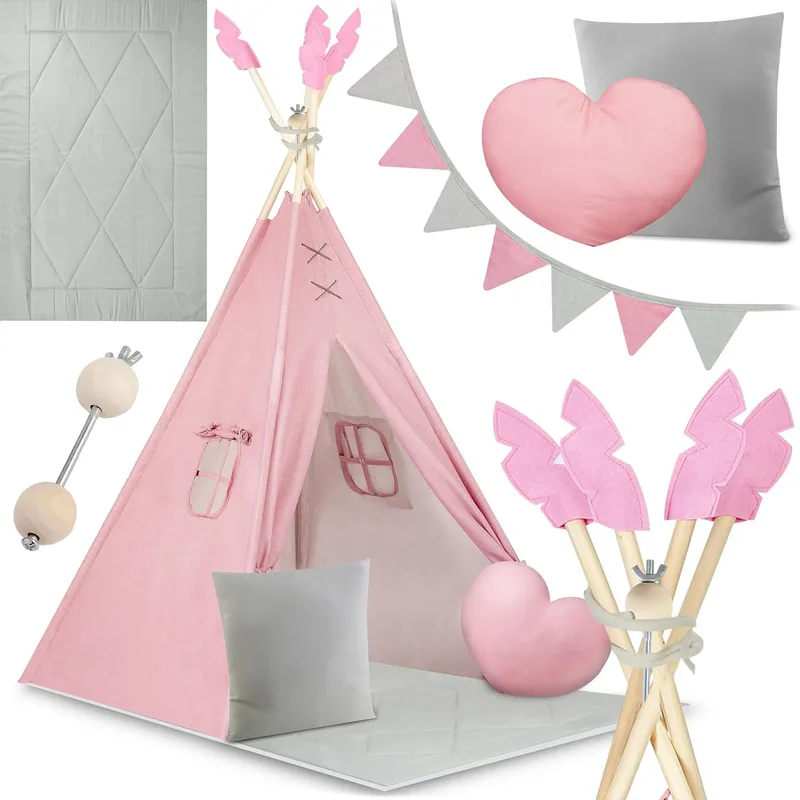 Παιδική Σκηνή Teepee NK-406 Nukido Kids Tipi Tent Ινδιάνικη με 1 x Χαλάκι / 2 x Μαξιλάρια / 1 x Γιρλάντα - Dark Ροζ (5903890616731)