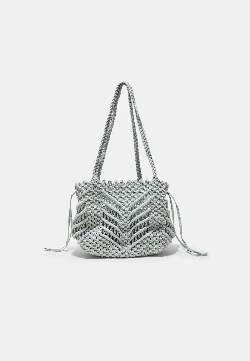 Stradivarius Τσάντα Shopper Κροσέ Μεταλλιζέ Νήμα Γκρι Os