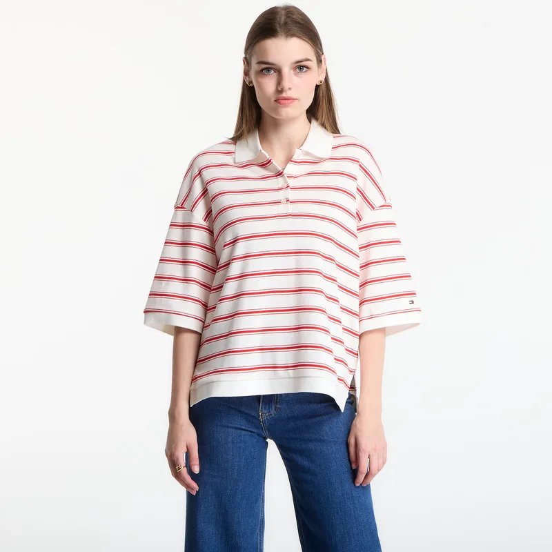T-shirt Tommy Hilfiger Multistp Oversized Ss Polo Tee Multi Stp Ecru / Fire Red XS