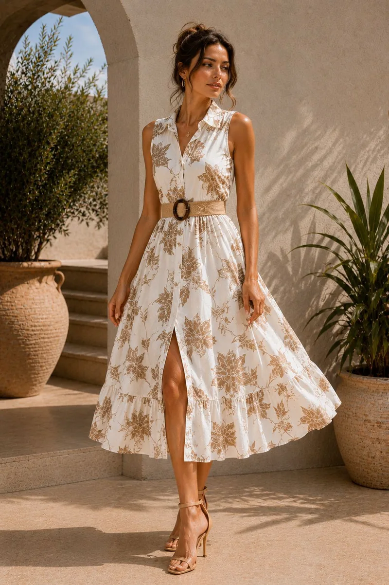 Maxi Φλοράλ Φόρεμα με Ζώνη και Γιακά - Μπεζ | Dress Up Μπεζ
