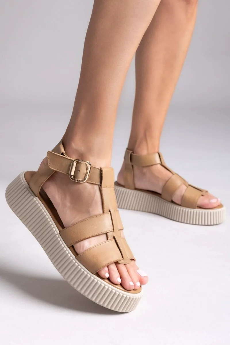 TFP Leather Flatform Sandals Buckle - 426 - Μπεζ