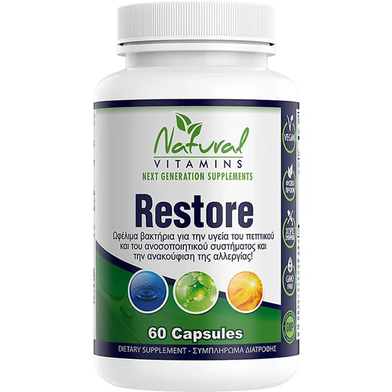 Natural Vitamins Restore Συμπλήρωμα Διατροφής Συμπλέγματος Προβιοτικών για Αντιμετώπιση Γαστροπεπτικών Διαταραχών & Ενίσχυση της Εντερικής Χλωρίδας 60caps