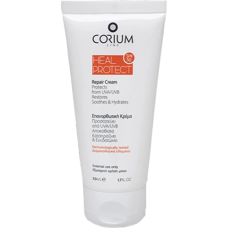 Corium Line Heal Protect Spf50 Repair Cream Επανορθωτική Αντηλιακή Κρέμα Υψηλής Προστασίας για Καταπράυνση 50ml
