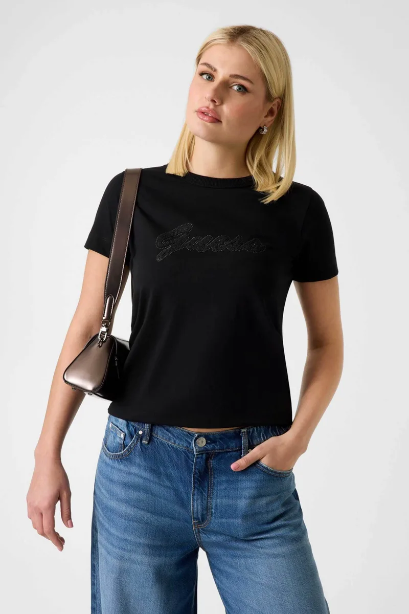 Guess γυναικείο T-shirt και ανάγλυφο λογότυπο με στρας Regular Fit - W6GI08K3023 Μαύρο