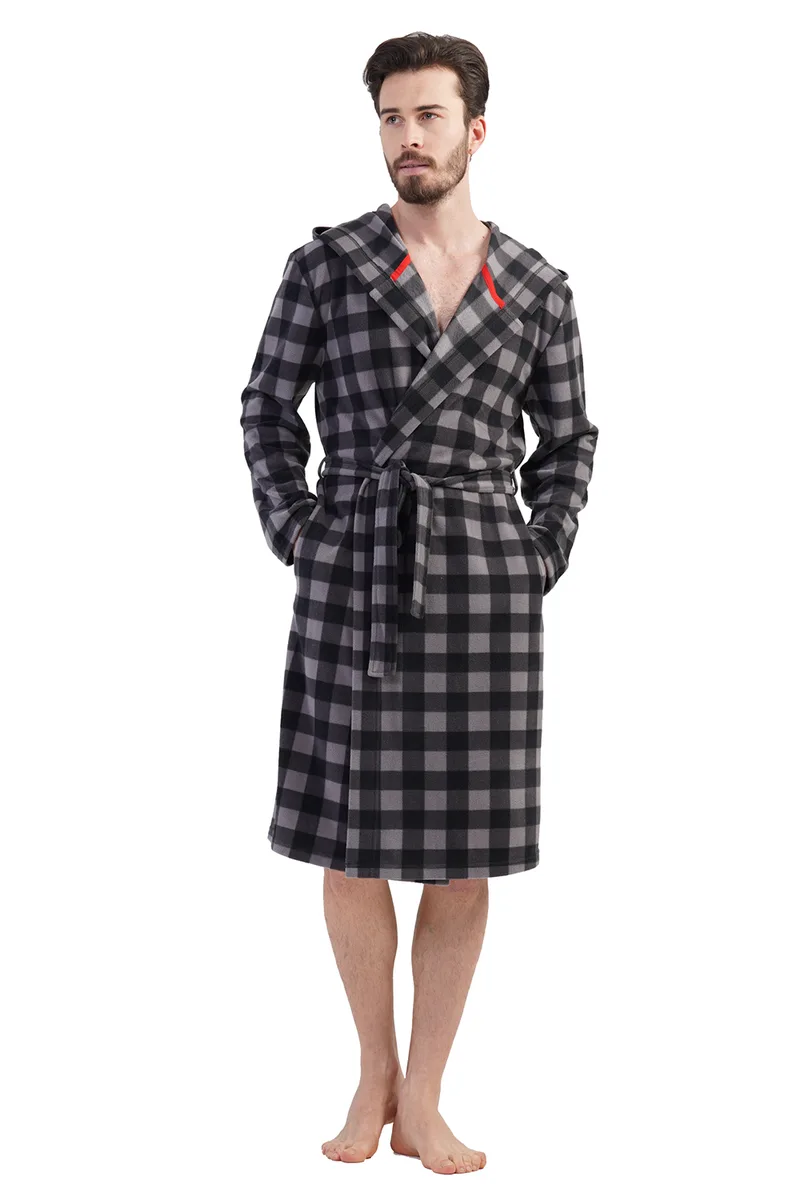 Vienetta Man Ανδρική χειμερινή fleece ρόμπα καρό με κουκούλα-201058