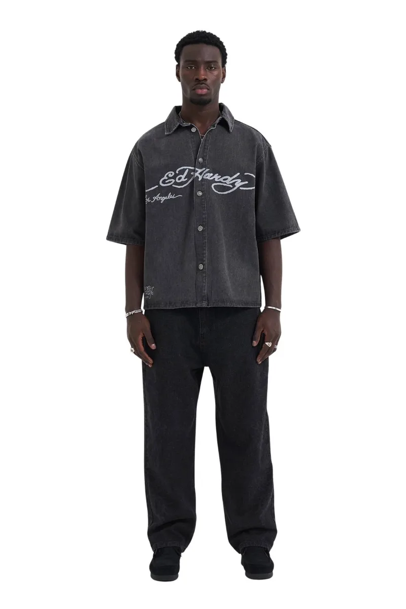Ed Hardy Eagle and Stars Ανδρικό Τζιν Πουκάμισο - Μαύρο-ED5085-BLACK