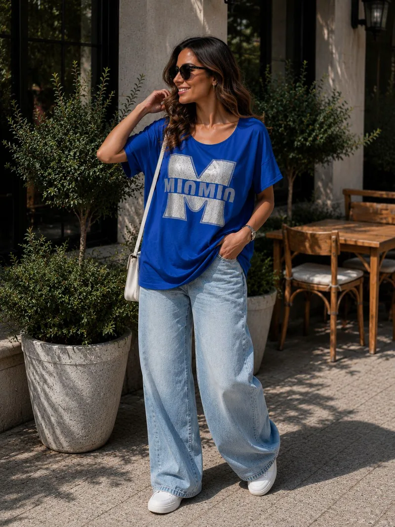Oversized T-Shirt Με Print – Μπλε Ρουά | Dress Up Μπλε ρουά