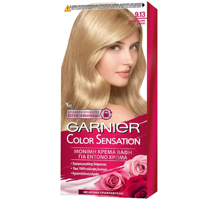 Garnier Color Sensation Permanent Hair Color Kit Μόνιμη Κρέμα Βαφή Μαλλιών με Άρωμα Τριαντάφυλλο 1 Τεμάχιο - 9.13 Κρυστάλλινο Ξανθό