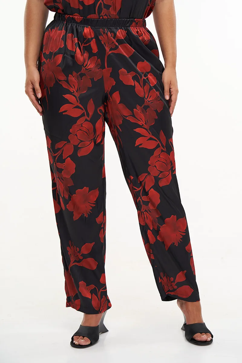 Παντελόνι floral σατέν σε μαύρο/κόκκινο χρώμα