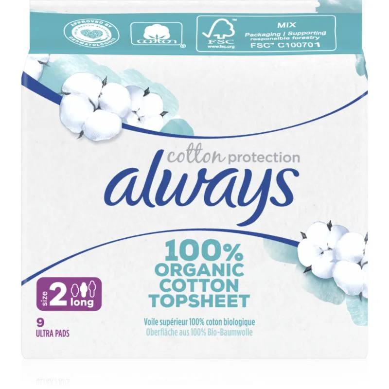 Always Cotton Protection Long σερβιέτες χωρίς άρωμα 9 τμχ