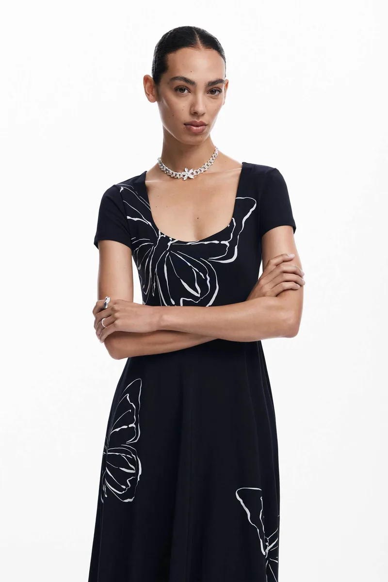 Desigual γυναικείο midi φόρεμα με all-over butterfly print Regular Fit - 24WWVK66 Μαύρο
