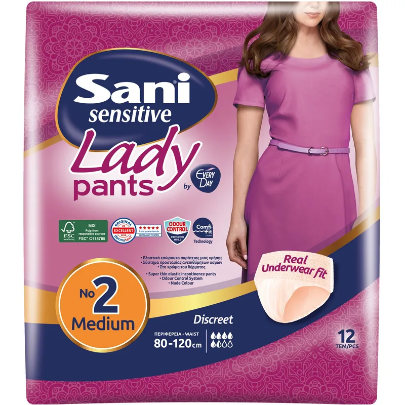 Sani Sensitive Lady Pants Discreet Ελαστικό Εσώρουχο Ακράτειας 12 Τεμάχια - No2 Medium