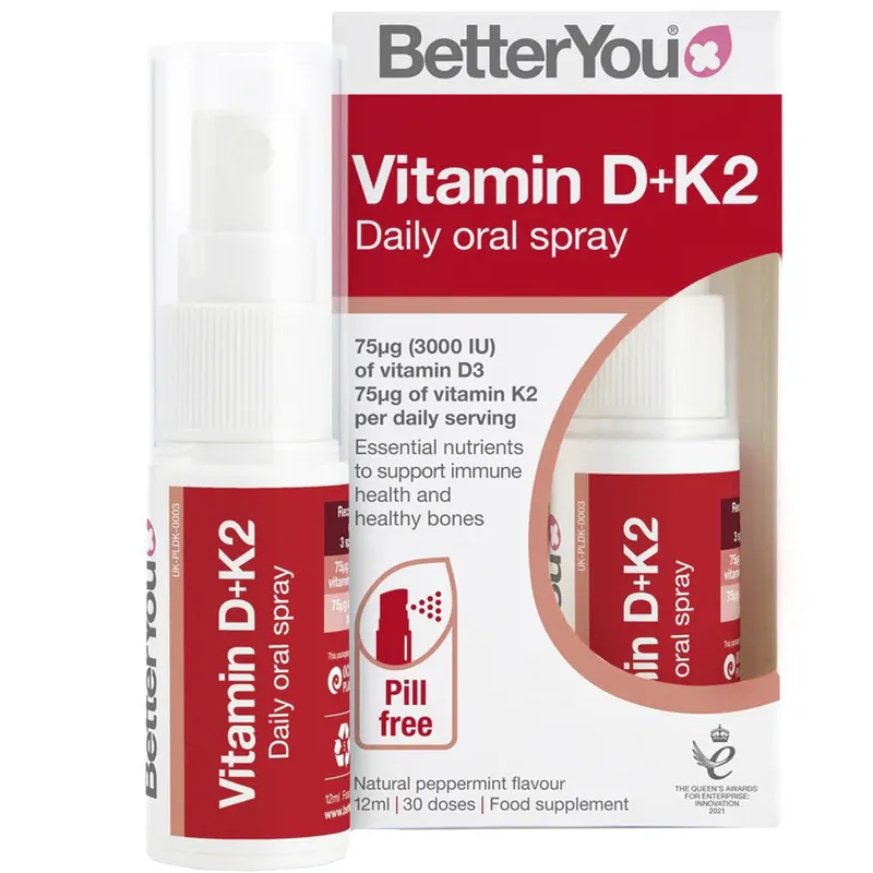 BetterYou Vitamin D 3000IU + K2 75μg Daily Oral Spray Συμπλήρωμα Διατροφής Βιταμίνης D3 & K2 σε Μορφή Spray για Καλή Υγεία Οστών, Ενίσχυση του Ανοσοποιητικού & Αιμοποιητικού Συστήματος με Γεύση Μέντας 12ml