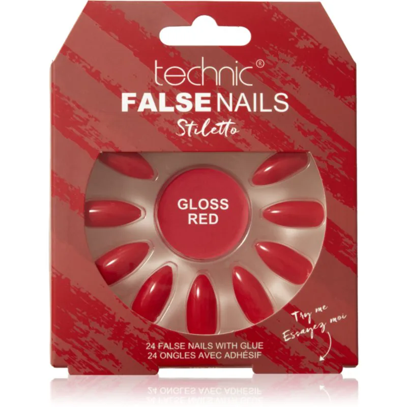 Technic Cosmetics False Nails Stiletto Ψεύτικα νύχια Gloss Red 24 τμχ