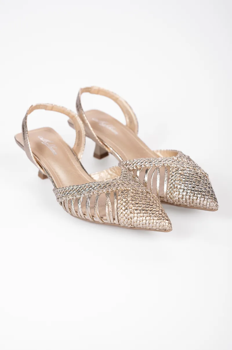 Χαμηλές open heel μυτερές γόβες με πλεκτό σχέδιο - Χρυσό