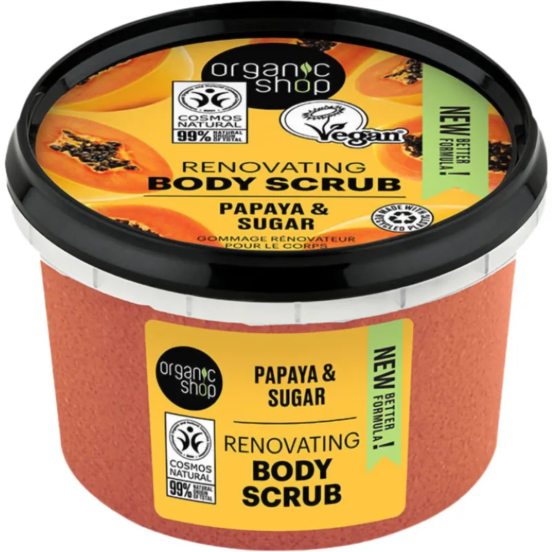 Organic Shop Renovating Body Scrub with Papaya & Sugar Απολεπιστικό Σώματος με Μάνγκο & Ζάχαρη για Καθαρισμό - Αναζοωγόνηση της Επιδερμίδας 250ml