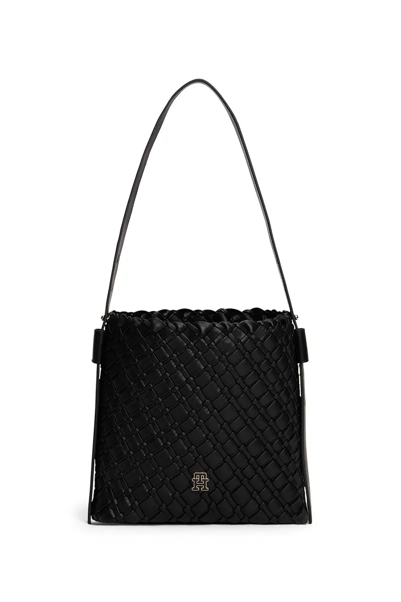 Tommy Hilfiger γυναικεία τσάντα ώμου με μεταλλικό monogram και πλεκτό σχέδιο "TH Braided" - AW0AW18160 Μαύρο