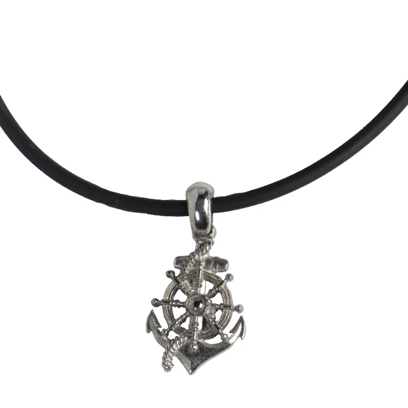 Jt Ασημένιο ανδρικό κολιέ άγκυρα με τιμόνι σε καουτσούκ