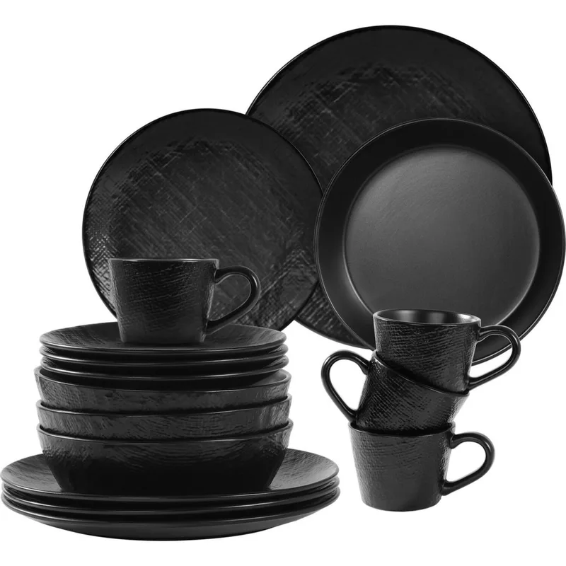 Σετ Πιάτα Φαγητού με Κούπες Navaris Linen Artisan Dinnerware Κεραμικό 16 Τεμαχίων / Σερβίτσιο για 4 Άτομα - Charcoal Black (‎NAV001WX8DR005C)