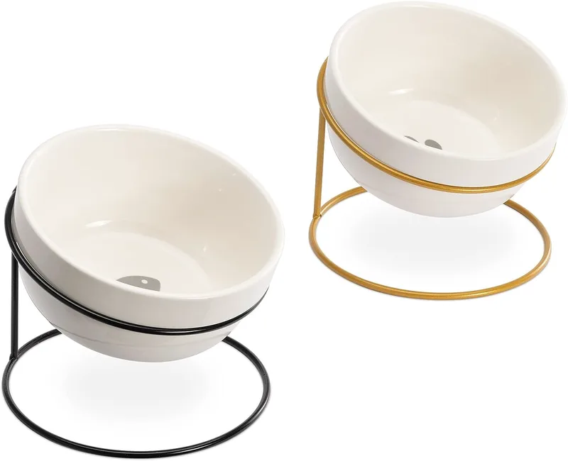 Navaris Elevated Feeding Bowls with Iron Holder - Σετ με 2 Ανυψωμένα Κεραμικά Μπολ Φαγητού και Νερού σε Μεταλλικές Βάσεις για Κατοικίδια - 600ml - Black / Χρυσό (55984.01)