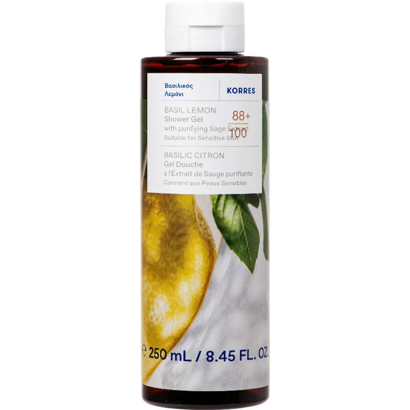 Korres Basil, Lemon & Purifying Sage Extract Shower Gel Αναζωογονητικό, Ενυδατικό Αφρόλουτρο με Βασιλικό, Λεμόνι & Θρεπτικό Αμυγδαλέλαιο Ιδανικό & για Ευαίσθητες Επιδερμίδες 250ml