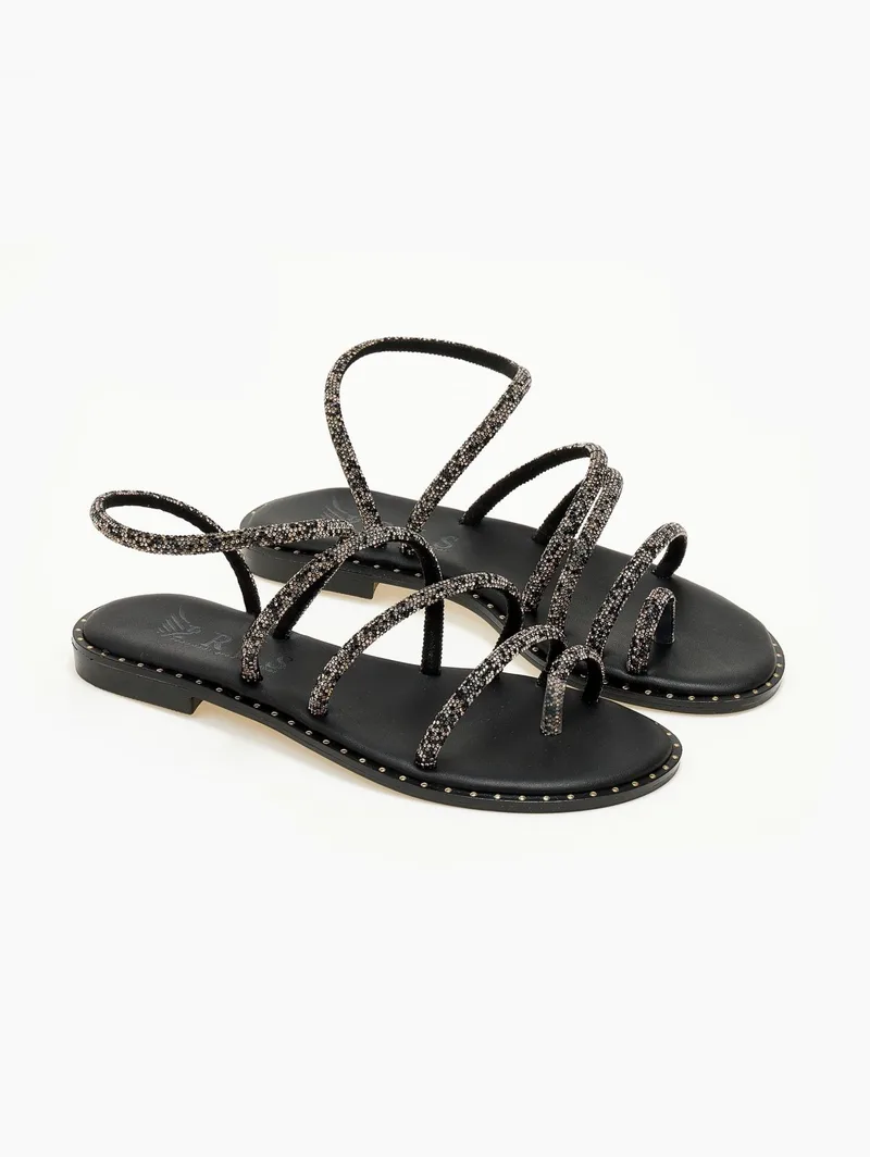 IRIS Leather Sandals Rhinestone Straps - 209 - Black