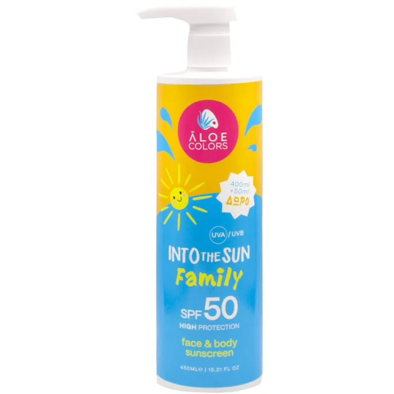 Aloe Colors Promo Into The Sun Family Spf50 High Protection Face & Body Sunscreen Αντηλιακή Κρέμα Προσώπου & Σώματος με Υψηλή Προστασία για Απαλό Δέρμα με Άρωμα Πούδρας 450ml