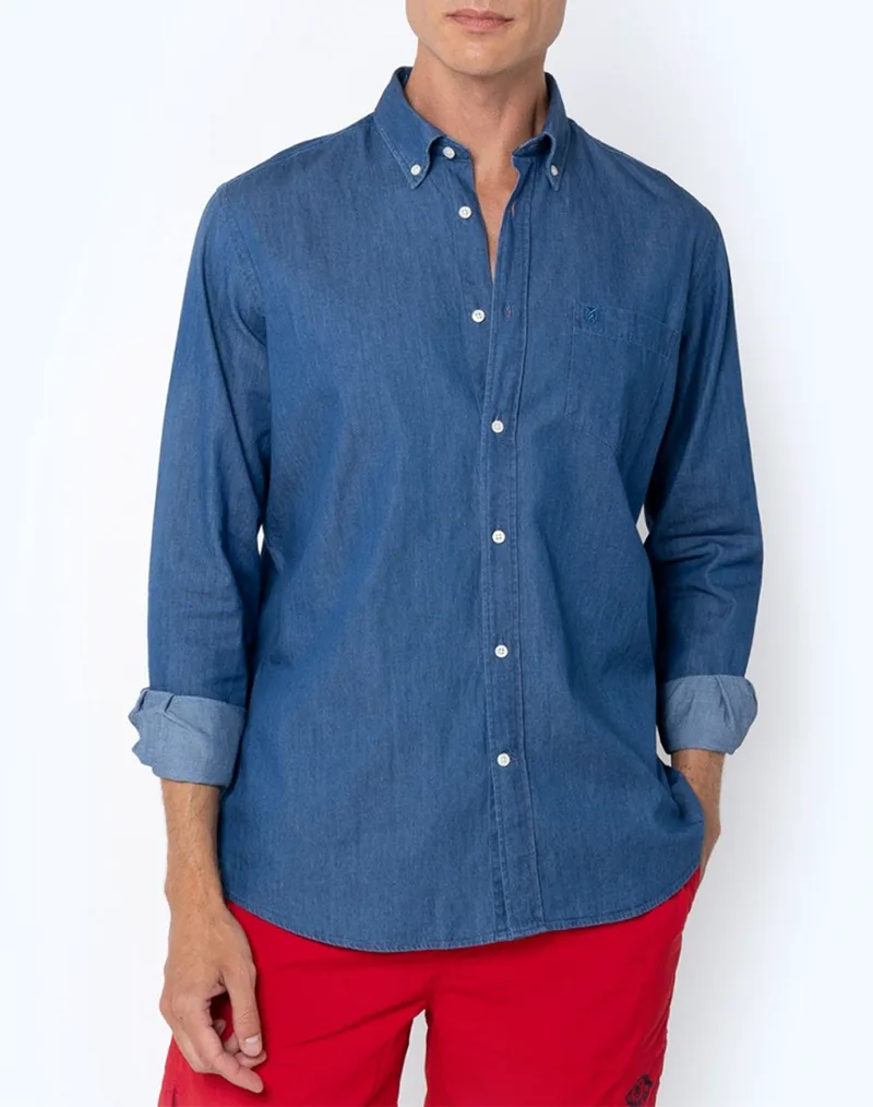 THE BOSTONIANS ΠΟΥΚΑΜΙΣΟ DENIM REGULAR FIT Plain DENIM Button-down Regular Fit 3AAP1906-LIGHT Blue