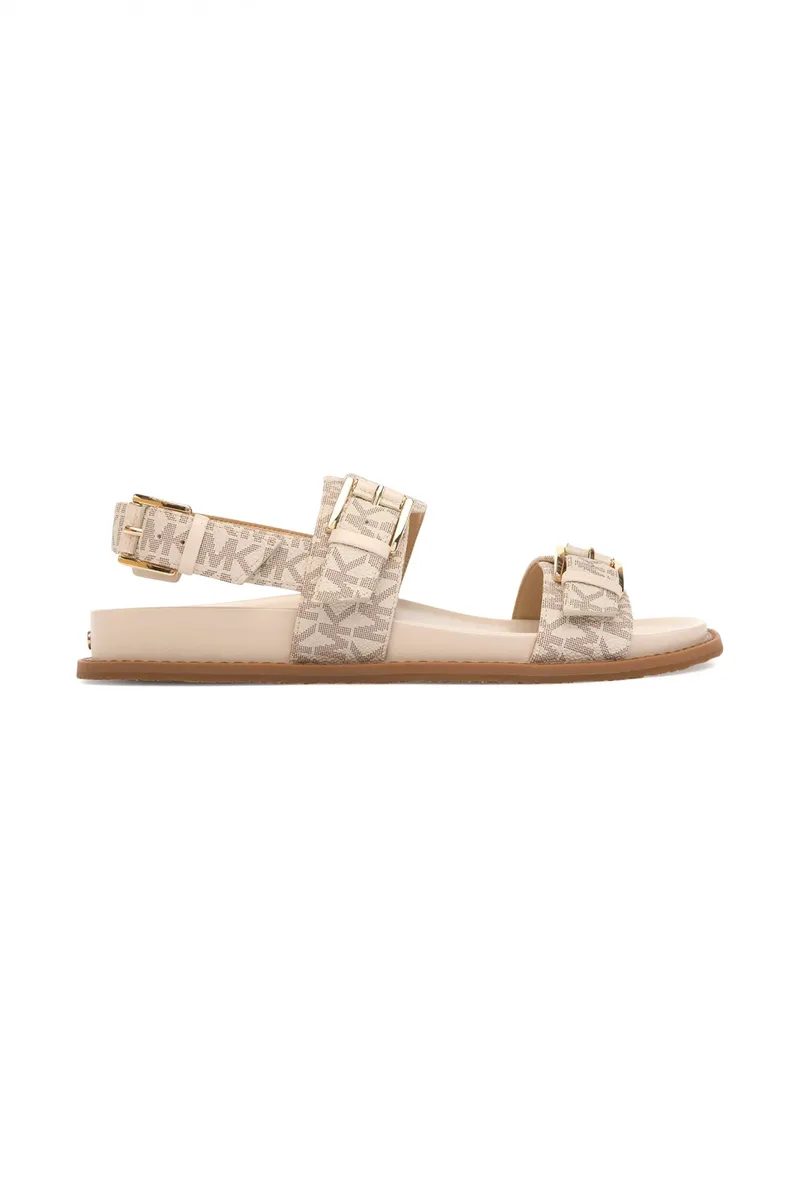 MICHAEL KORS ΠΑΠΟΥΤΣΙΑ ΣΑΝΔΑΛΙΑ NIA FLAT SANDAL ALL OVER LOGO ΜΠΕΖ/ΤΑΜΠΑ