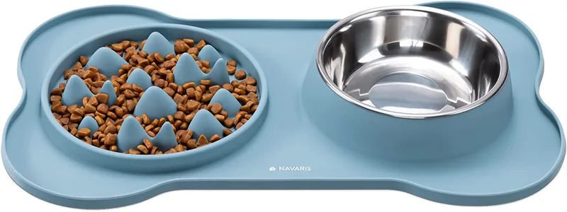 Navaris Slow Feeder and Water Bowl Set - Σετ Μπολ Φαγητού Αργής Κατάποσης από Σιλικόνη και Μπολ Νερού από Ανοξείδωτο Ατσάλι για Κατοικίδια - Dark Blue (55133.17)