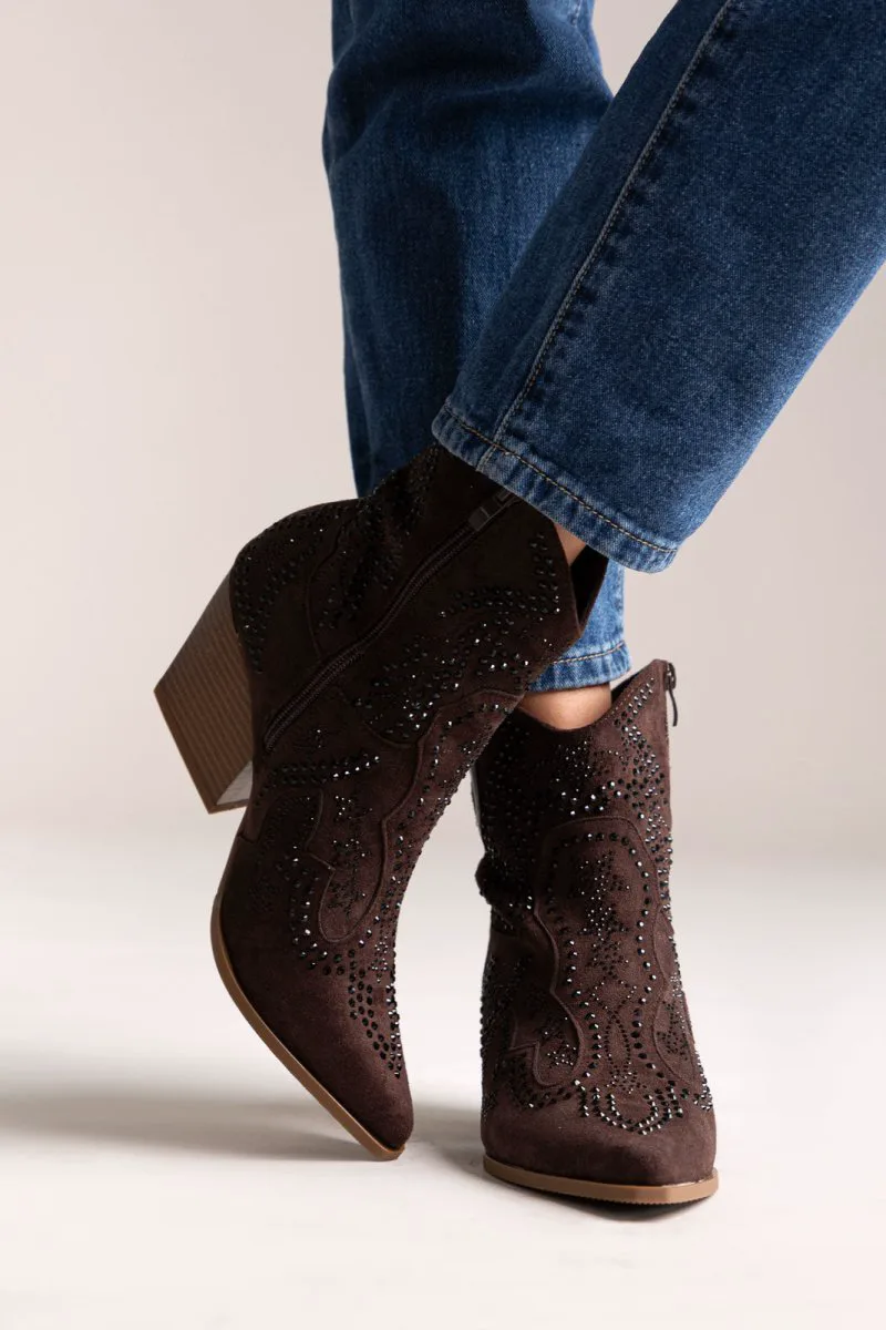 Ideal shoes Cowboy Ankle Boots Crystal - 9676A - Brown Suede