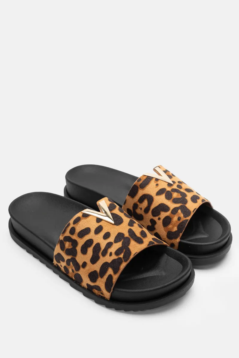 Flatform Σανδάλια με Μεταλλική Λεπτομέρεια V - Animal Print