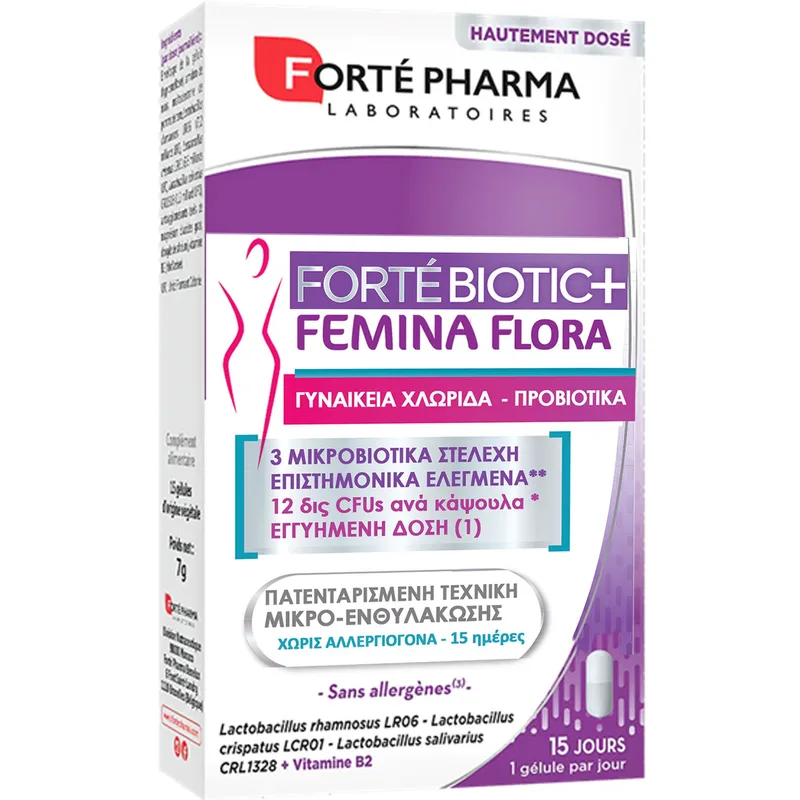 Forte Pharma ForteBiotic Femina Flora Συμπλήρωμα Διατροφής Προβιοτικών & Βιταμίνης Β2 για τη Διατήρηση Χλωριδικής Ισορροπίας, & Φυσιολογικών Βλεννογόνων στις Γυναίκες 15caps