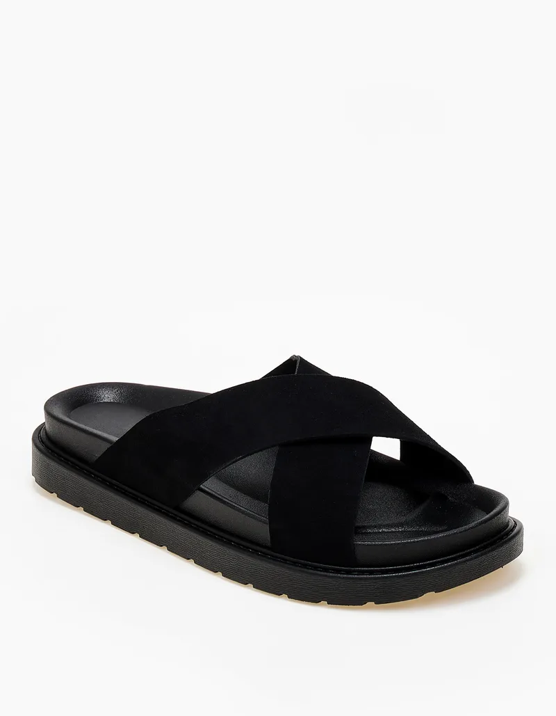 Σανδάλια flatform με suede φάσες χιαστί - Μαύρο