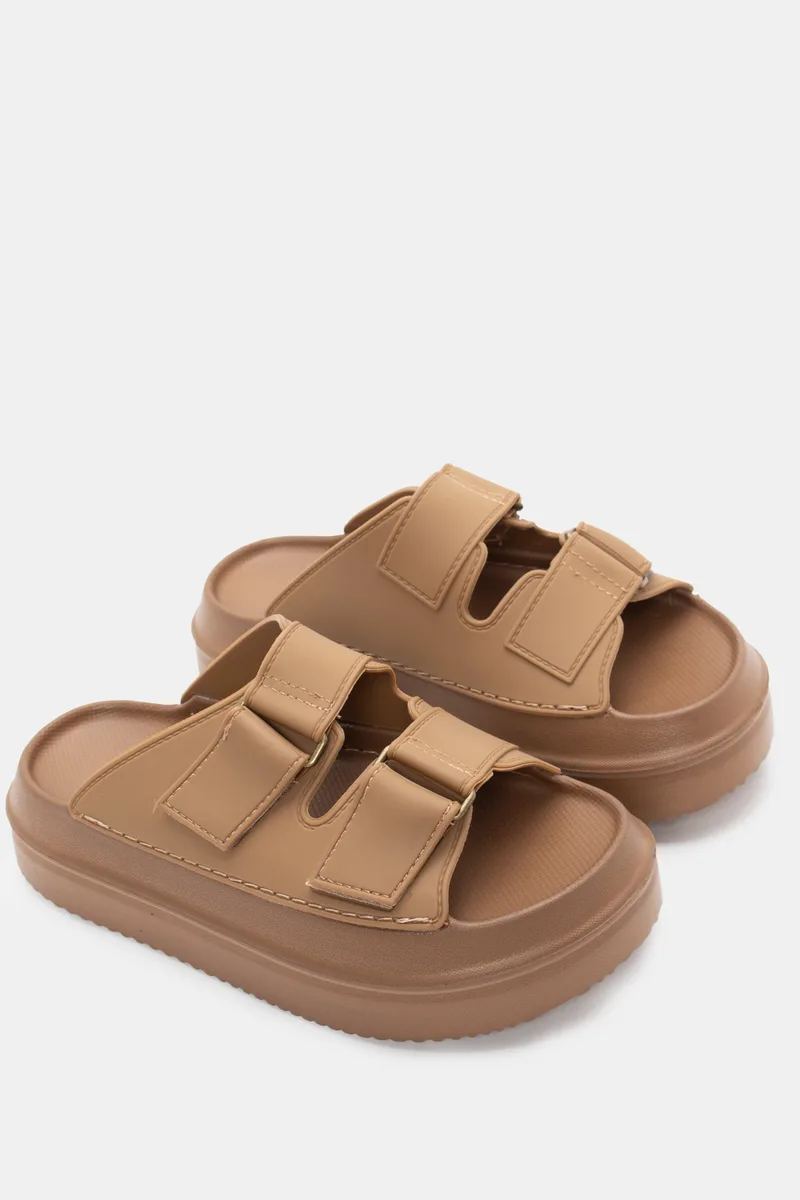 Παντόφλες Flatform με Διπλά Λουράκια και Velcro - Μπεζ-Σκούρο