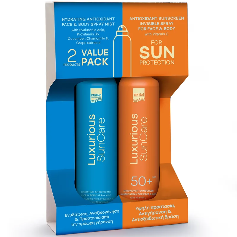 Luxurious SunCare Promo Hydrating Antioxidant Face & Body Mist 200ml & Sunscreen Invisible Spf50+ Spray 200ml