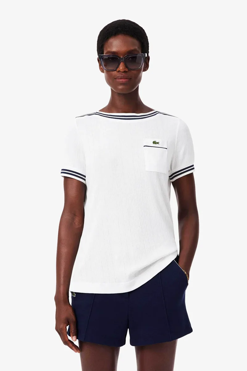 Lacoste γυναικείο πλεκτό T-shirt με contrast trims και τσέπη με κεντημένο λογότυπο Regular Fit - TF9890 Λευκό