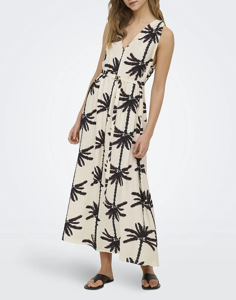 ONLY ONLPALIMA S/L LONG BELT DRESS WVN 15373949-Cloud DancerSTACKEDPALMS Multi