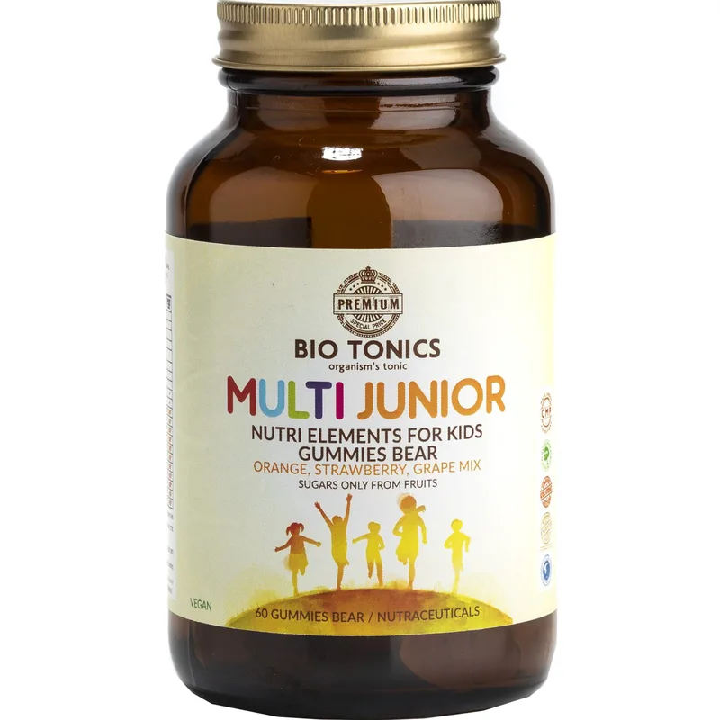 Bio Tonics Multi Junior Nutri Elements for Kids Συμπλήρωμα Διατροφής Πολυβιταμινών, Μετάλλων & Ιχνοστοιχείων για Παιδιά που Συμβάλει στη Φυσιολογική Ανάπτυξη Οστών, Δοντιών & Οφθαλμών, Ενίσχυση Ανοσοποιητικού & Ενέργεια με Γεύση Φρούτων 60 Ζελεδάκια