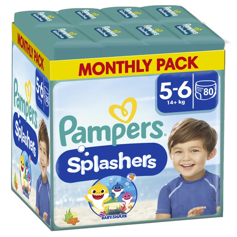 Pampers Πάνες Μαγιό Μίας Χρήσης Splashers Monthly Pack Νο5-6 (14+kg) 80τεμ (8*10τεμ)