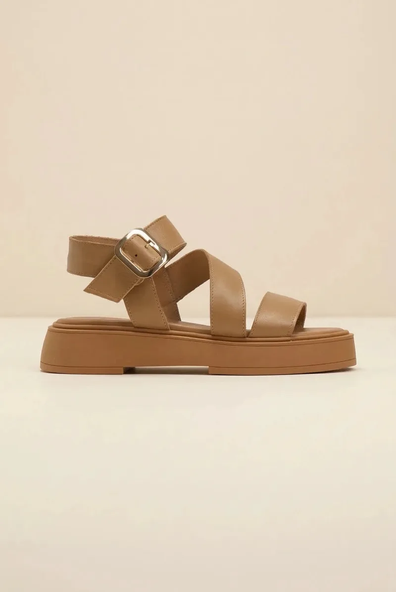 TFP Leather Flatform Sandals Buckle - 728 - Μπεζ