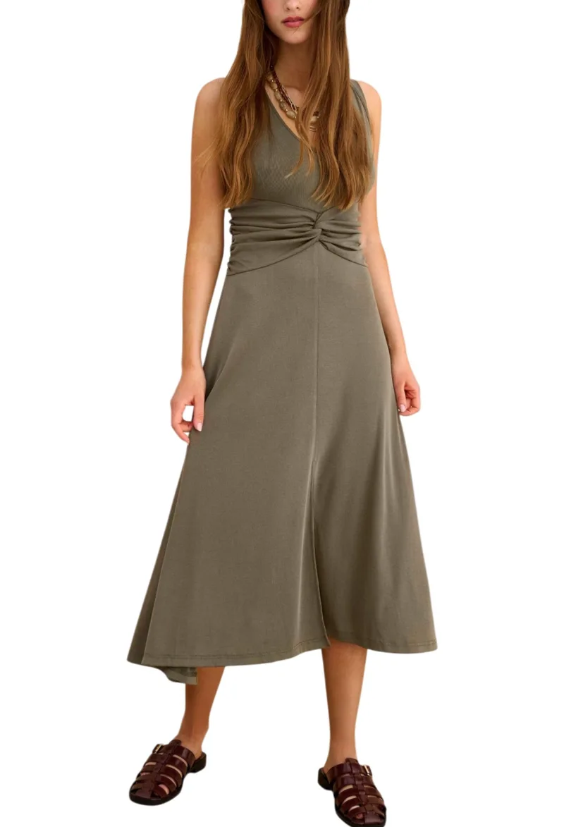 Φόρεμα Attrattivo Μίντι Με Σκίσιμο Μπροστά 9923270-KHAKI Γυναικείο