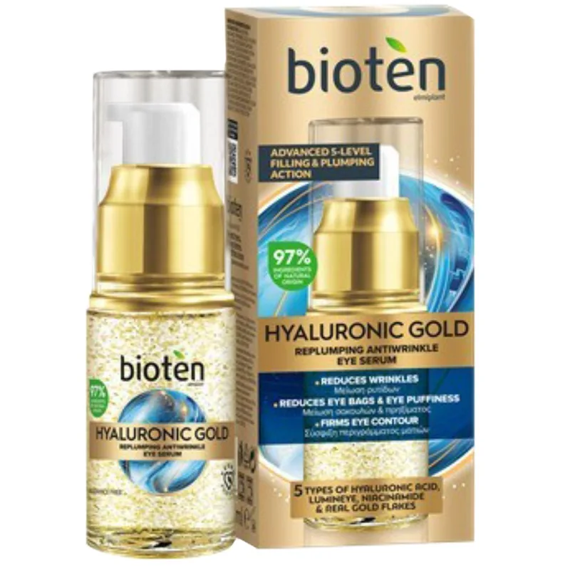 Bioten Hyaluronic Χρυσό Replumpimg Antiwrinkle Eye Serum Αντιγηραντικός Ορός Ματιών για Μείωση Ρυτίδων, Σακουλών, Πρηξίμητος & Σύσφιξη Περιγράμματος Ματιών 15ml