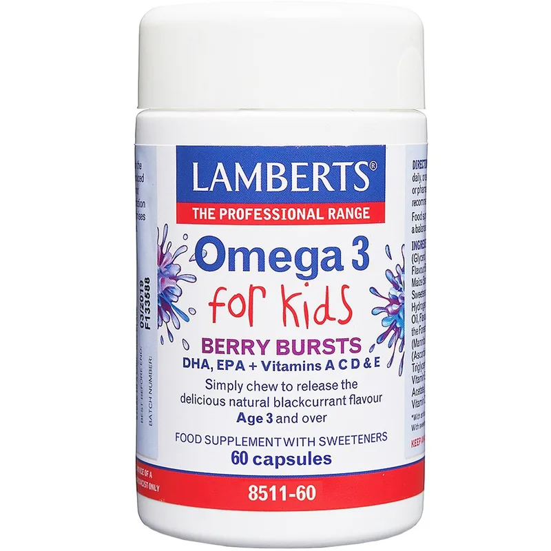 Lamberts Omega 3 for Kids Berry Bursts Συμπλήρωμα Διατροφής για Παιδιά από 3 Ετών με Ω3 & Βιταμίνες για τη Σωστή Ανάπτυξη του Εγκεφάλου σε Μασώμενη Κάψουλα με Γεύση Φραγκοστάφυλο 60caps