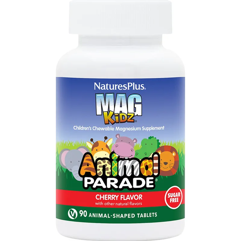 Natures Plus Animal Parade Kidz Mag Συμπλήρωμα Διατροφής για Παιδιά με Μαγνήσιο για την Καλή Υγεία των Δοντιών, Νευρικού & Μυοσκελετικού Συστήματος με Γεύση Κεράσι 90 Chew.tabs