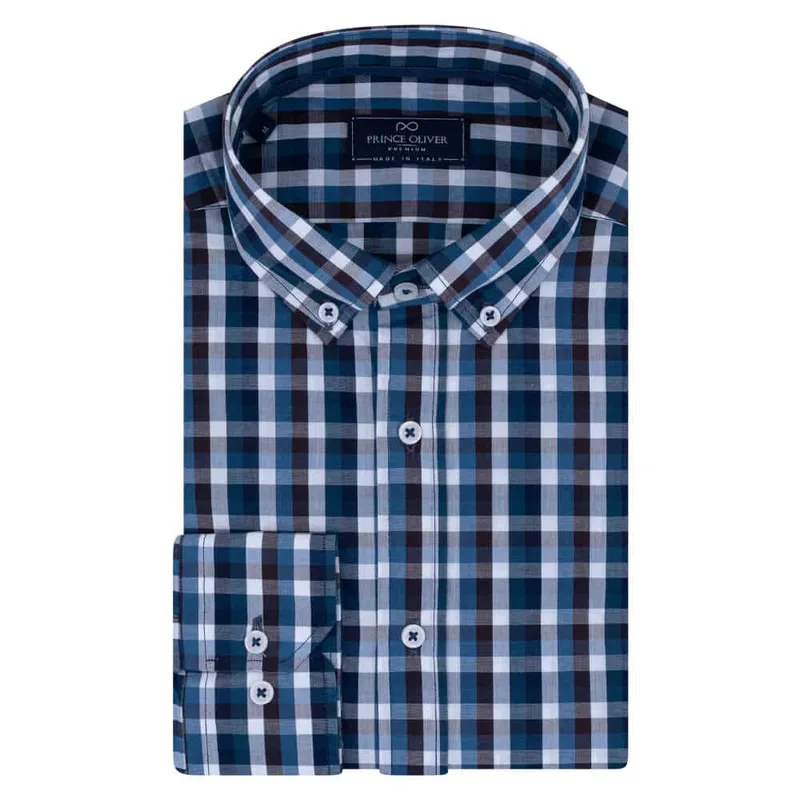 Superior Πουκάμισο Button Down Καρό Μπλε 100% Fine Cotton (Modern Fit)
