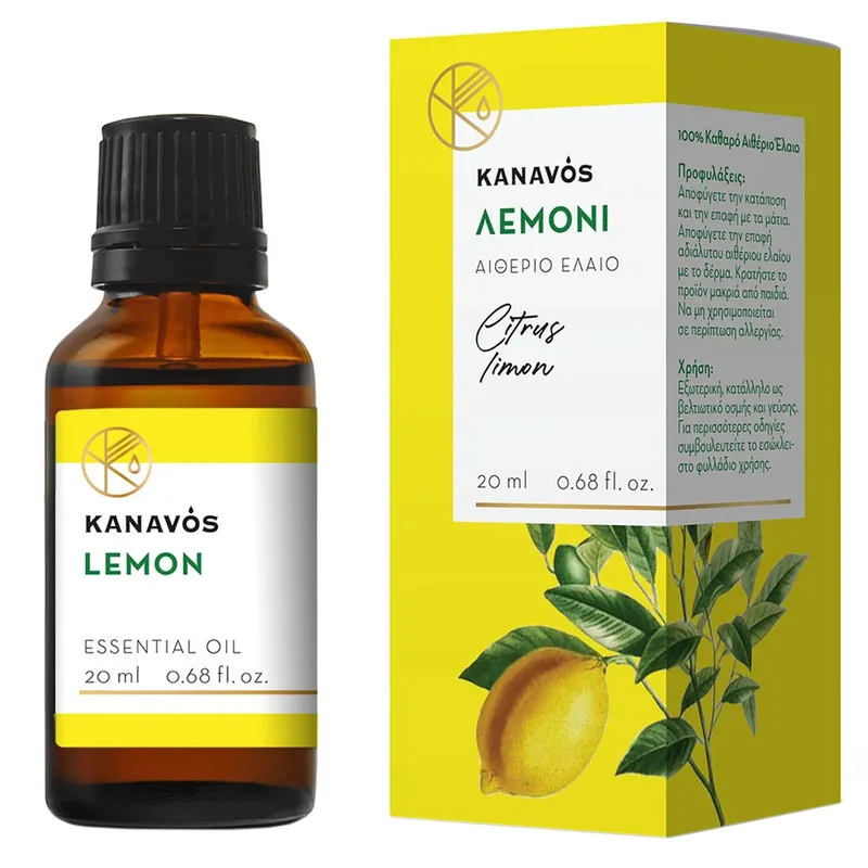 Kanavos Lemon Essential Oil Αιθέριο Έλαιο για Φυσικό Αρωματισμό του Χώρου, Κατάλληλο για Εισπνοές που Προσφέρει Χαλάρωση & Ευεξία 20ml - Λεμόνι